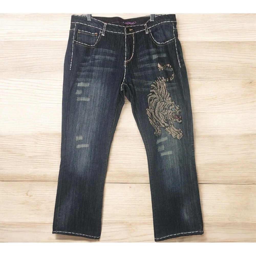Ed‎ Hardy Rhinestone Tiger Jeans Women's 18 Low Rise Bootcut Y2K Bling Denim